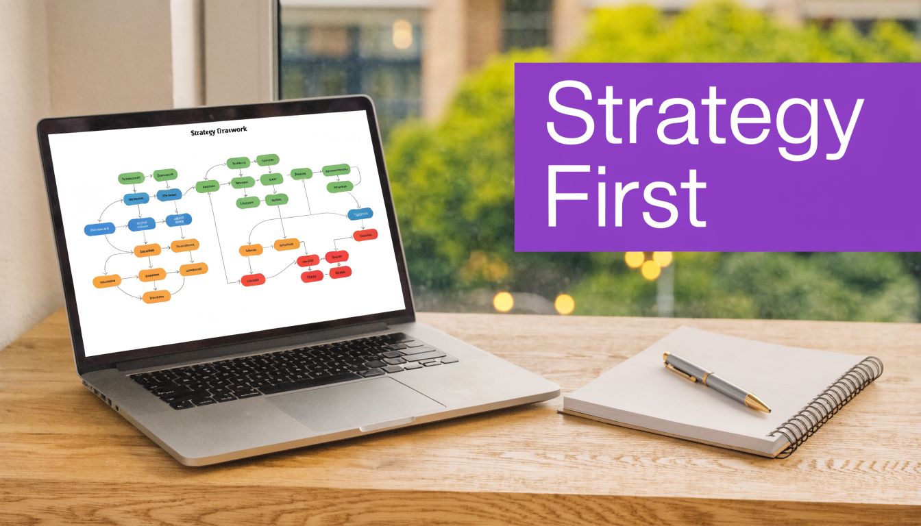 A laptop on a wooden desk displaying a colorful strategic business framework flowchart with a notebook.
