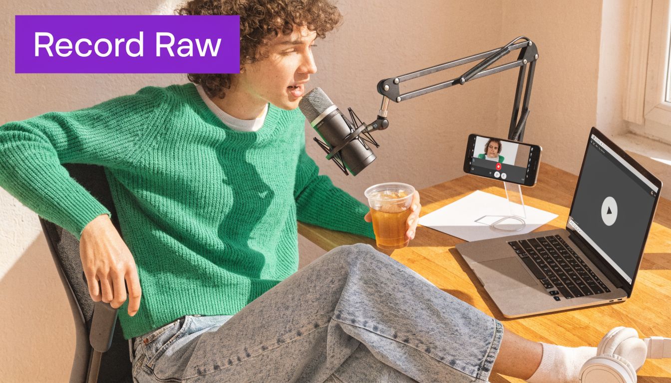 A person with curly hair recording a podcast into a microphone while sitting at a wooden desk.