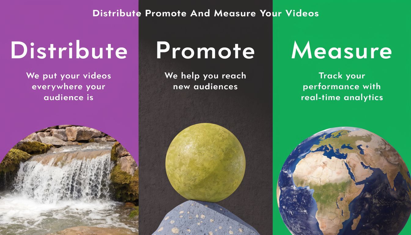 A graphic featuring three sections labeled Distribute, Promote, and Measure for video marketing services.