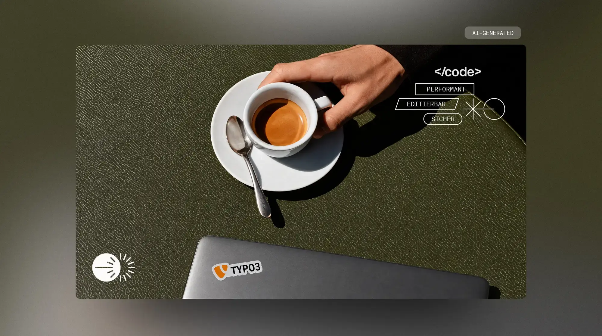 KI-generiertes Bild: Eine Hand hält eine Espressotasse auf dunkelgrünem Leder, darunter ein Laptop mit TYPO3-Aufkleber. Grafische Labels: „Performant“, „Editierbar“, „Sicher“.