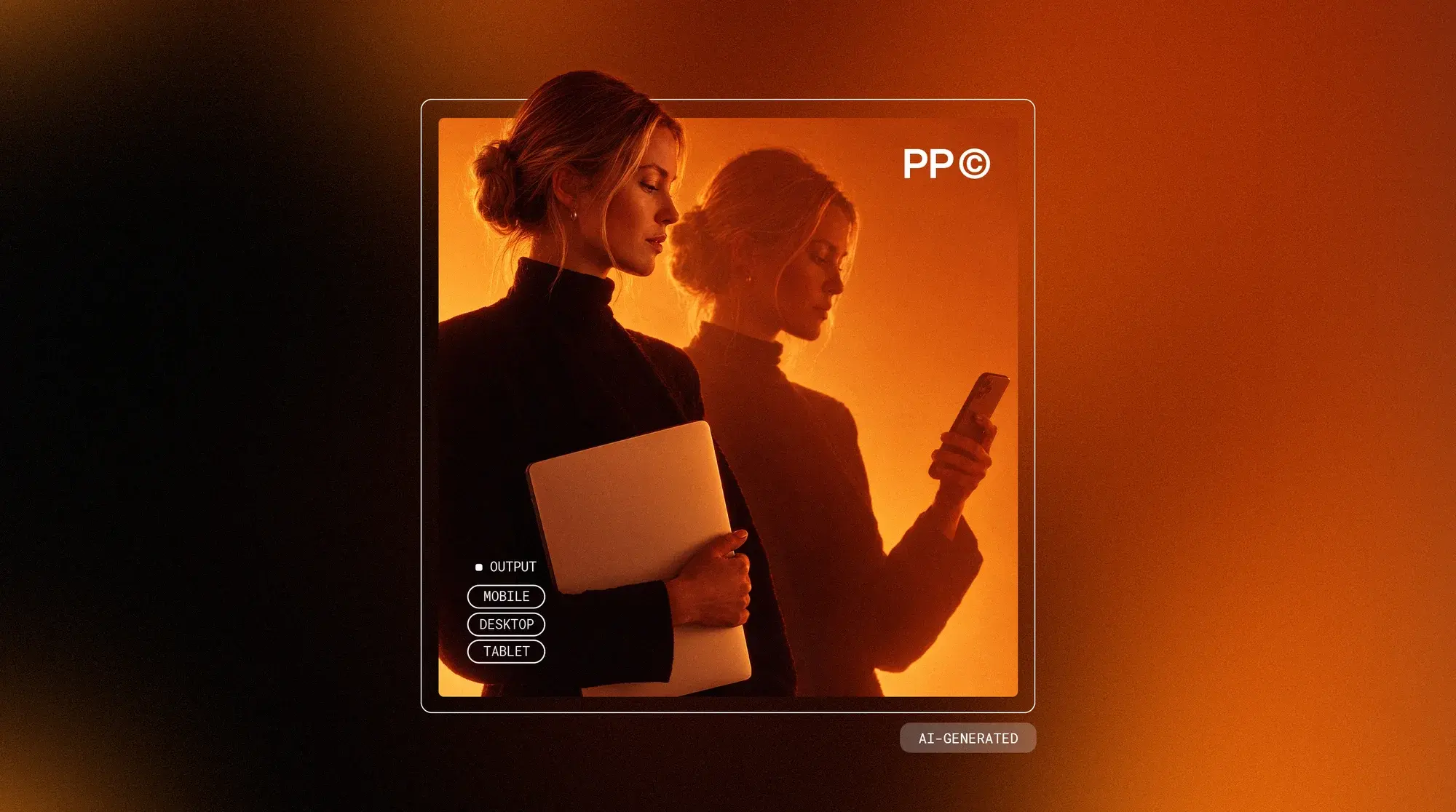 KI-generiertes Bild: Eine Frau mit Laptop unter dem Arm steht vor ihrem halbtransparenten Spiegelbild, das auf ein Smartphone schaut. Orange Hintergrund mit Labels „Output: Mobile, Desktop, Tablet“, Symbol für responsives Webdesign.