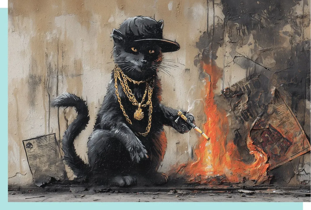 Street-Art-inspirierte Zeichnung: Eine Katze mit urbanem Look, rebellisch, die eine Anleitung verbrennt.