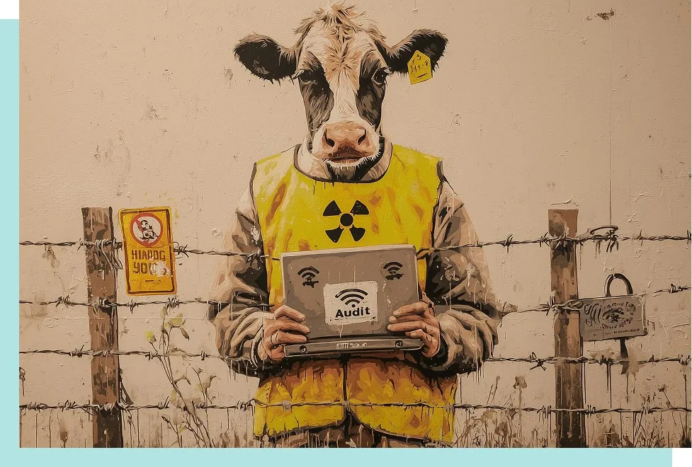 Street-Art-inspirierte Zeichnung: Eine Kuh mit Laptop und Audit-Weste hinter einem Stacheldrahtzaun.