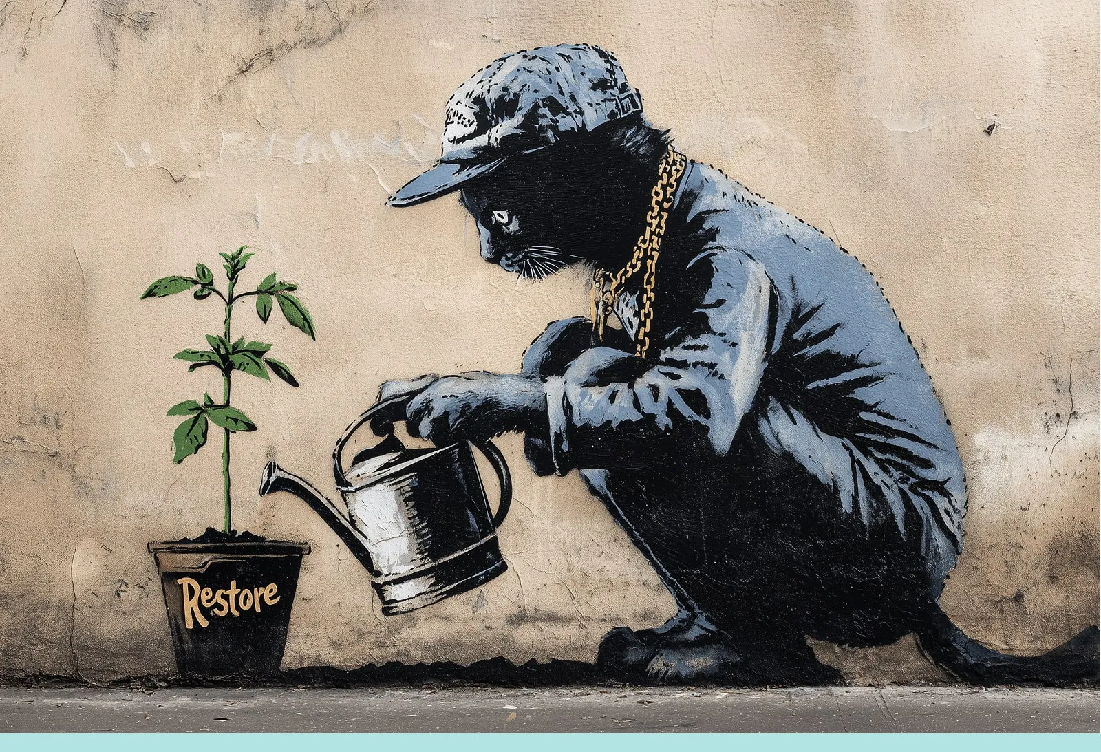 Street-Art-inspirierte Zeichnung: Eine Katze im Ghetto-Stil gießt eine Pflanze auf der "Restore" steht.