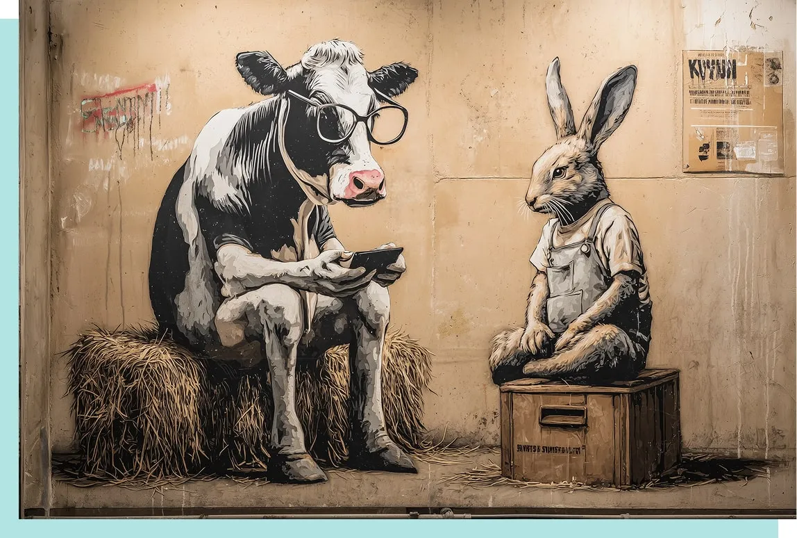 Street-Art-inspirierte Zeichnung: Eine Kuh mit Brille und Smartphone in der Hand sitzt mit einem Hasen zusammen wie in einer Sprechstunde.