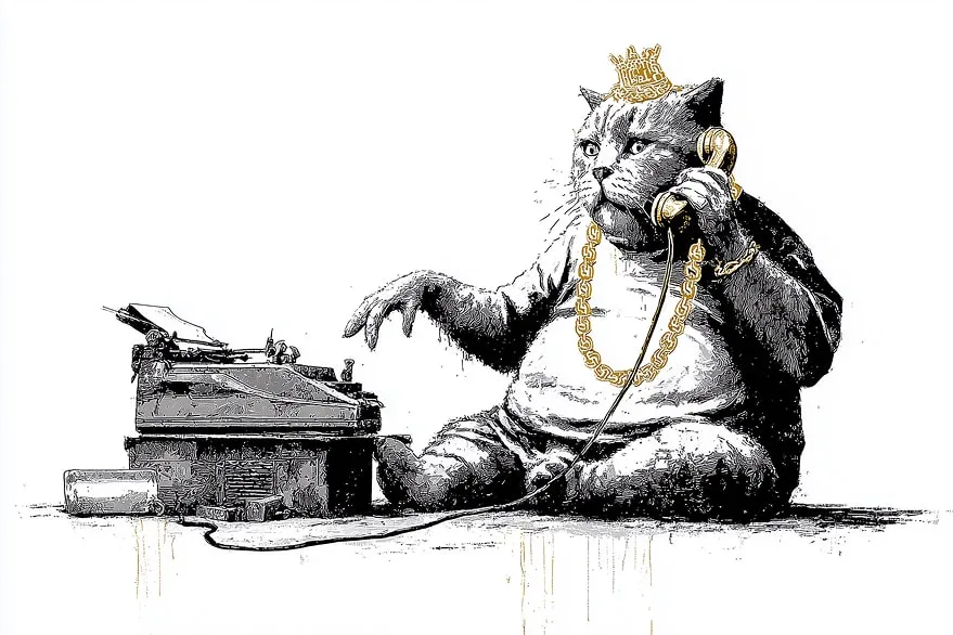 Street-Art-inspirierte Zeichnung: Eine dicke Katze im Ghetto-Stil sitzt vor einer antiken Schreibmaschine, hält einen Telefonhörer in der Hand und schaut bedröppelt.