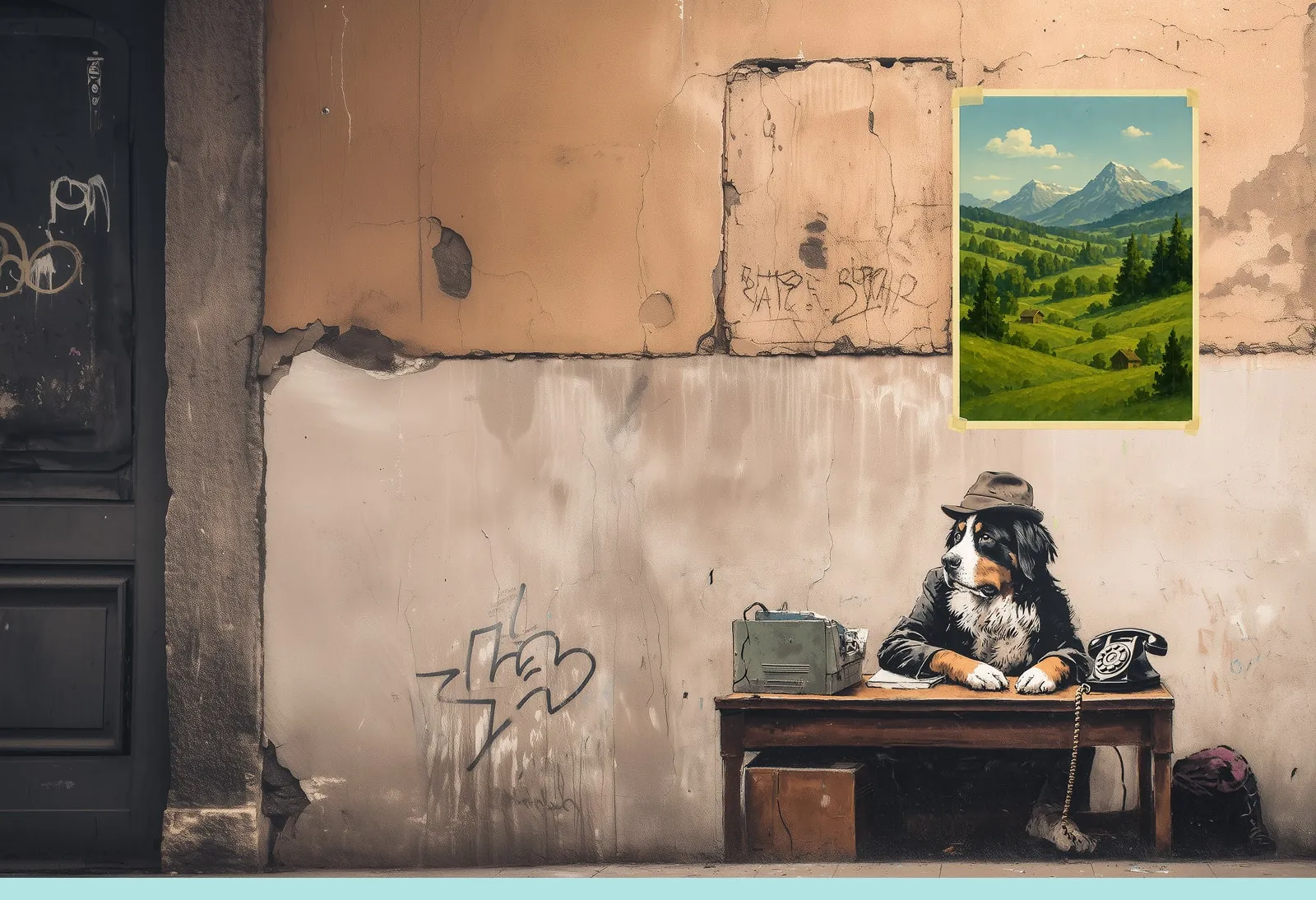 Street-Art-inspirierte Zeichnung: Ein Hund sitzt an einem Schreibtisch mit Telefon vor einem Hauseingang und schaut erwartungsvoll.