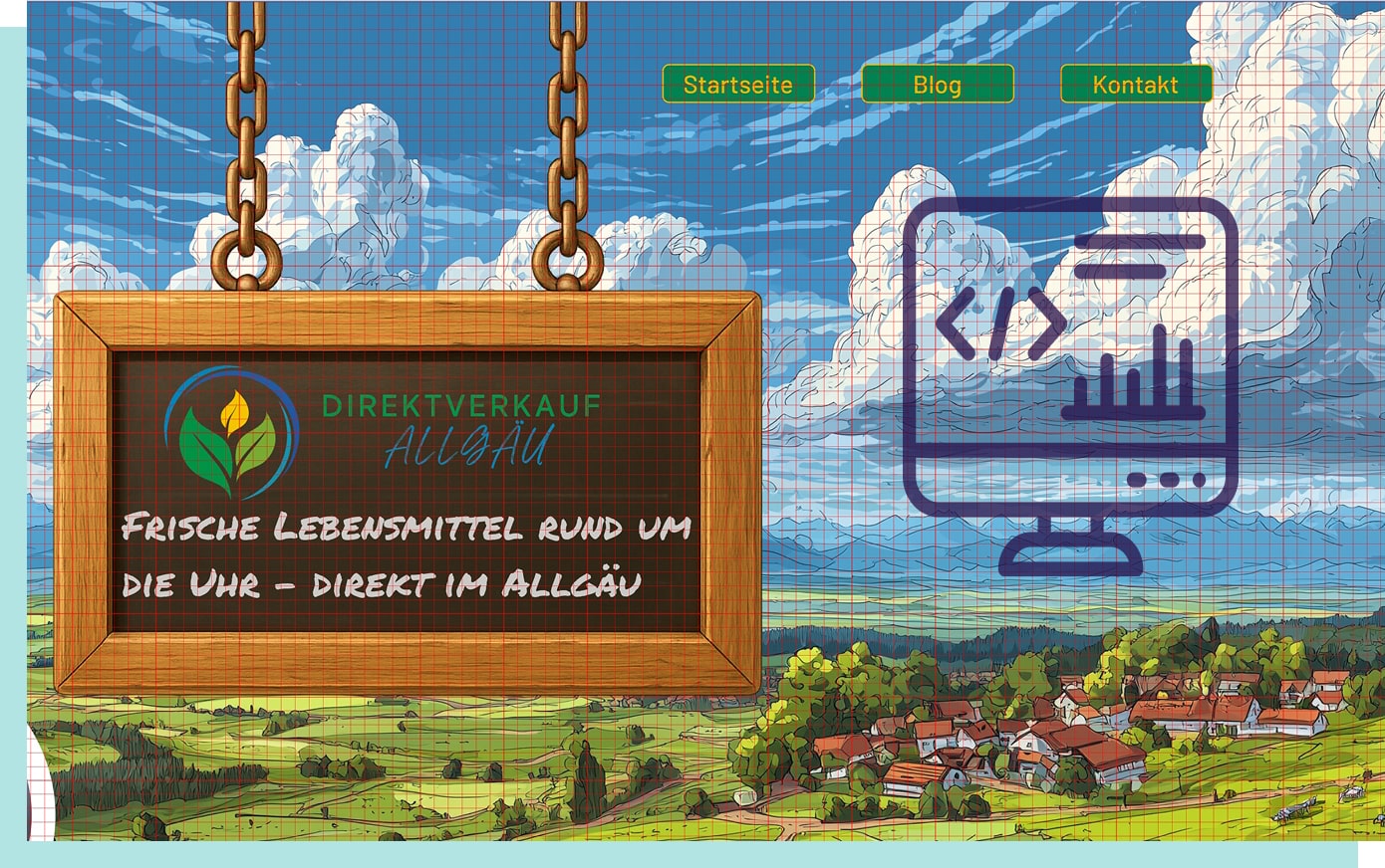 Illustrated rural landscape with a wooden hanging sign showing the text 'Direktverkauf Allgäu' and 'Frische Lebensmittel rund um die Uhr – direkt im Allgäu', with navigation buttons labeled Startseite, Blog, and Kontakt, and a computer icon displaying code and a graph.