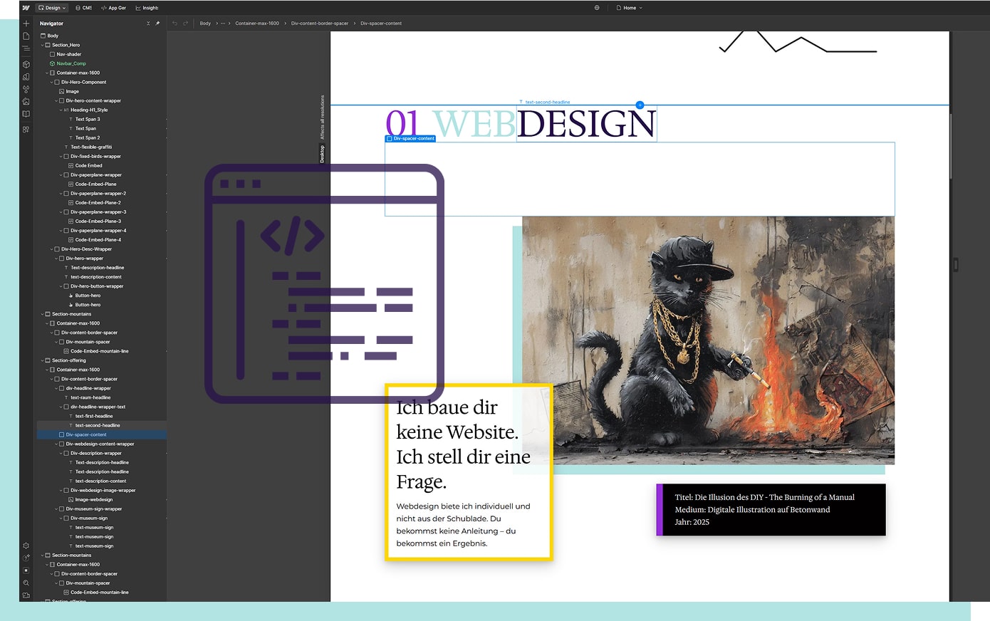 Browser window showing a web design project with a detailed UI layout and a digital illustration of a black cat wearing gold chains and a cap, smoking a cigarette near a small fire.