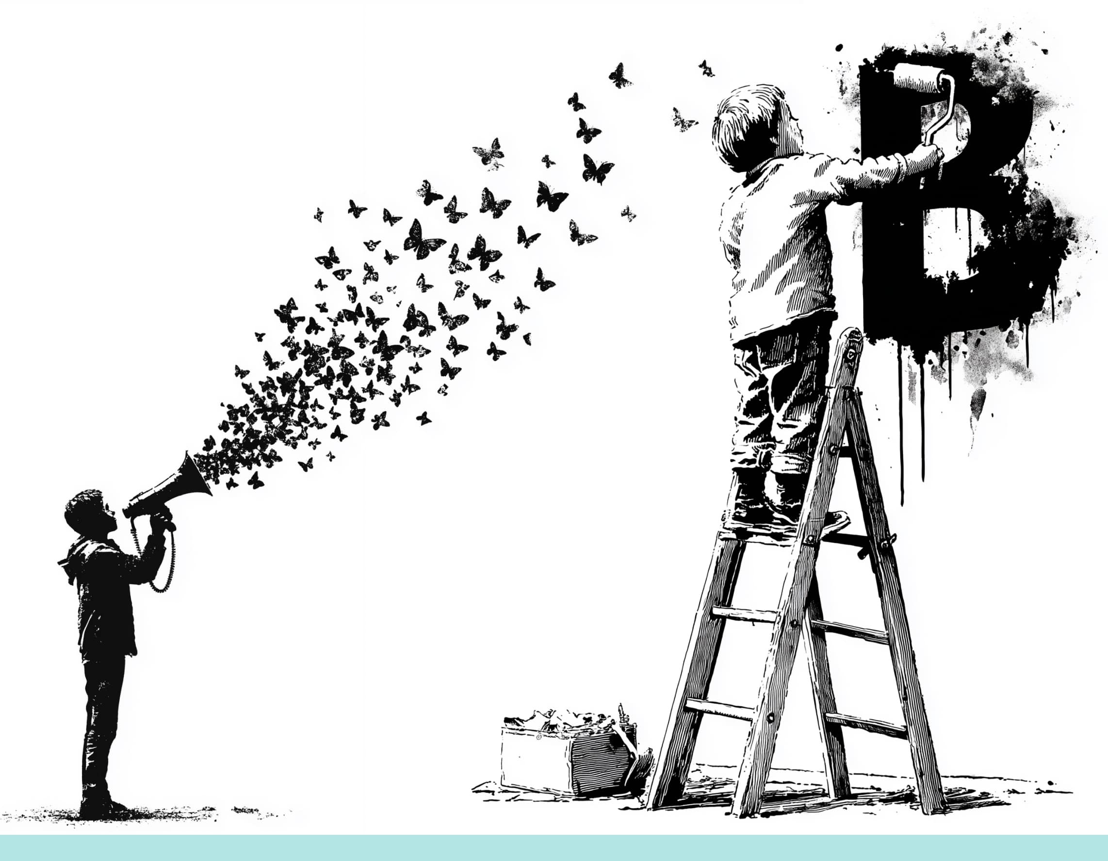 Street-Art-inspirierte Zeichnung: Ein Junge mal ein Brand auf eine Wand während ein andere im Infos mit einem Megaphon aus dem Schmetterlinge herausfliegen zuruft.