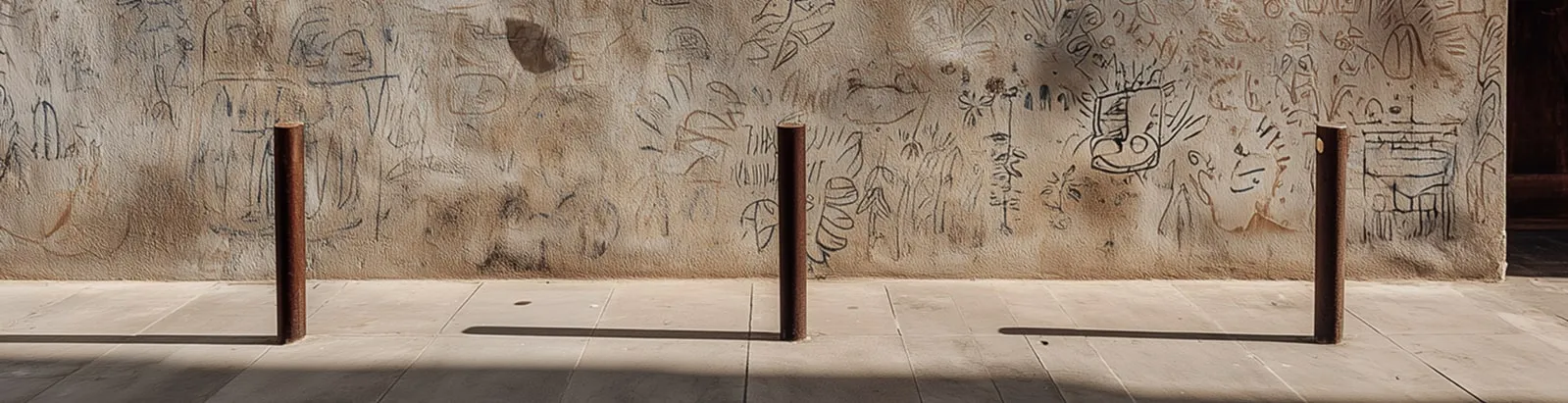 Three rusty metal poles casting long shadows on tiled ground in front of a beige wall covered with faint graffiti and sketches.