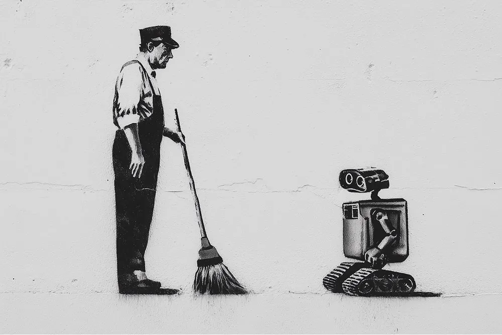 Black and white street art of a man holding a broom facing a small robot on a white wall.