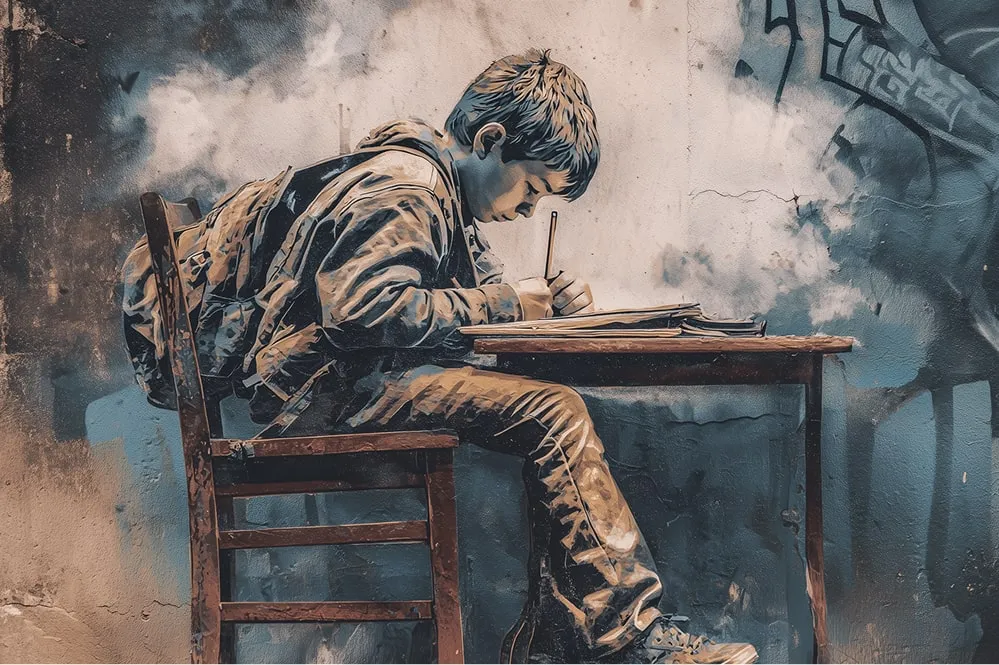 Mural of a young boy sitting at a wooden desk writing in a notebook with a backpack on.