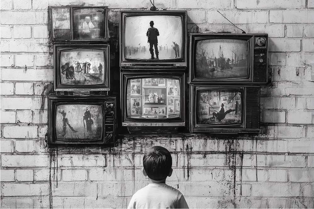 Child with back to camera watching a wall-mounted collage of seven vintage televisions displaying shadowy, abstract black-and-white scenes.