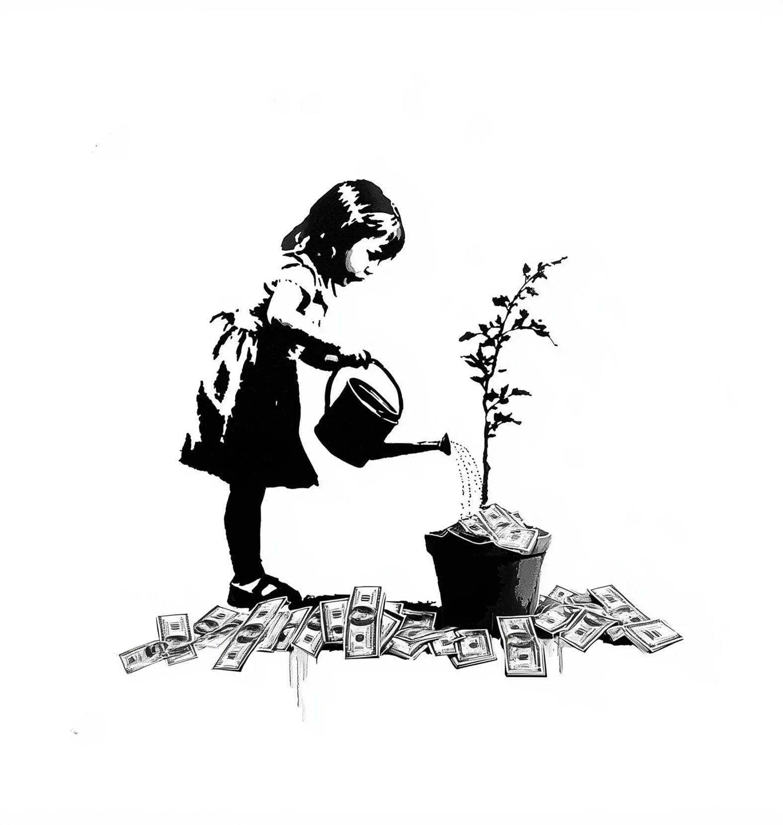 Black-and-white stencil-style illustration of a young girl watering a plant growing money bills from a pot surrounded by scattered money.