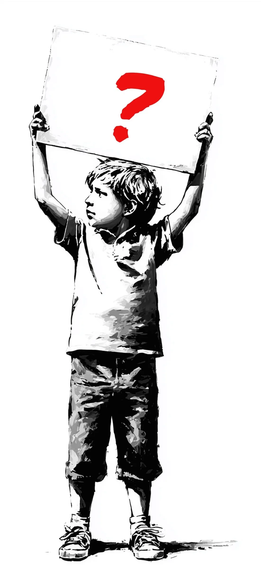 Black and white illustration of a young boy holding a sign above his head with a large red question mark.