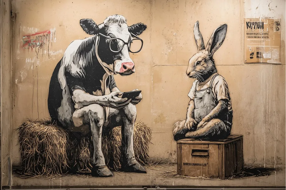Street art mural of a cow wearing glasses and holding a phone, sitting on hay, facing a rabbit in overalls sitting on a crate.
