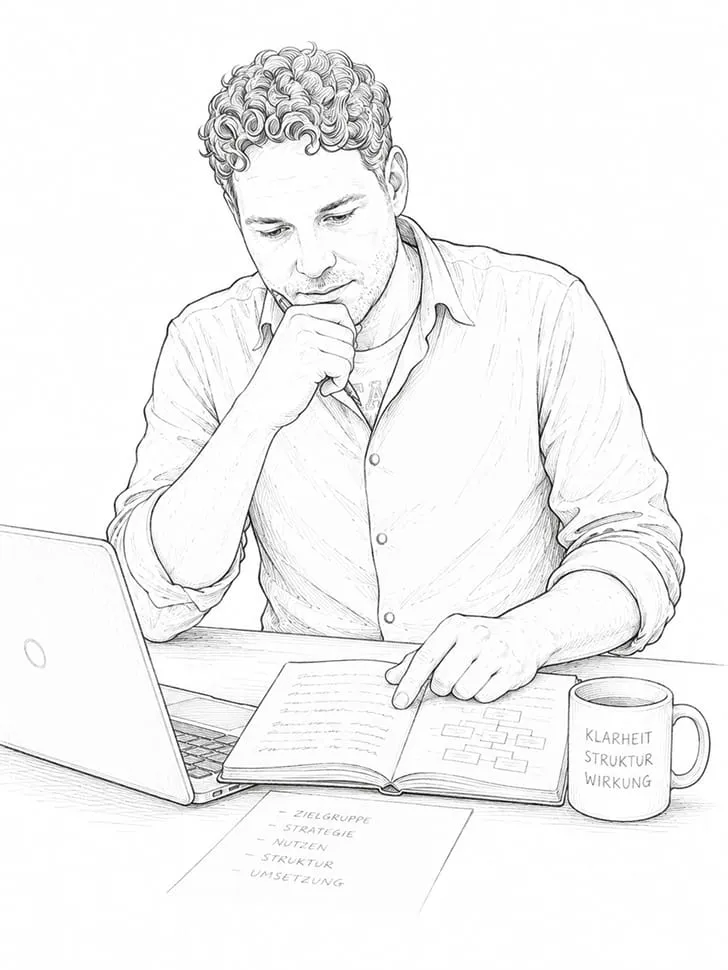 Illustration von Dominic Neusch bei der Konzeption einer Website am Schreibtisch.
