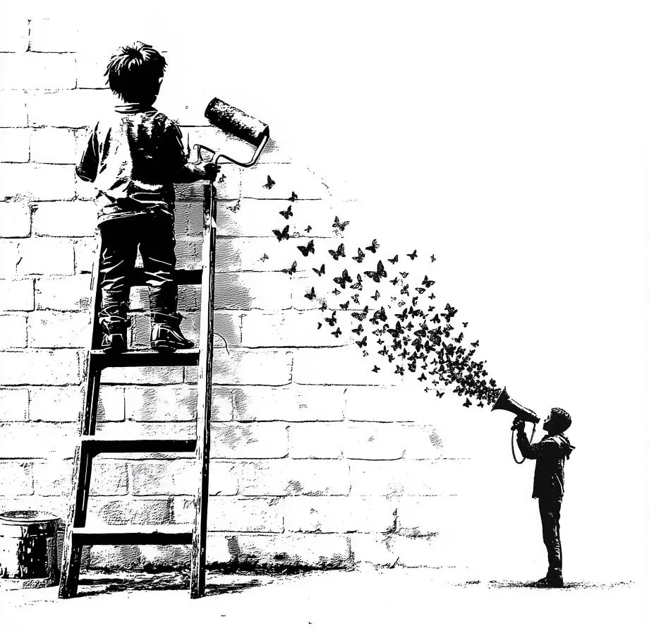 Illustration zweier Personen: Eine streicht eine Mauer, während die andere Schmetterlinge durch ein Megafon darauf richtet.