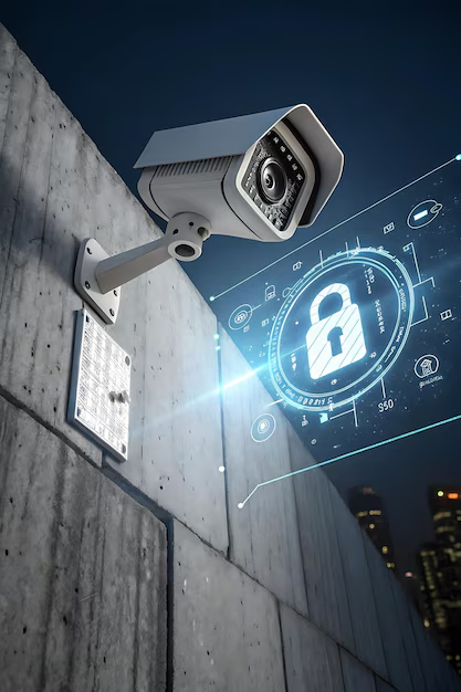 Security surveillance camera mounted on a concrete wall with a digital cybersecurity lock interface in the background.
