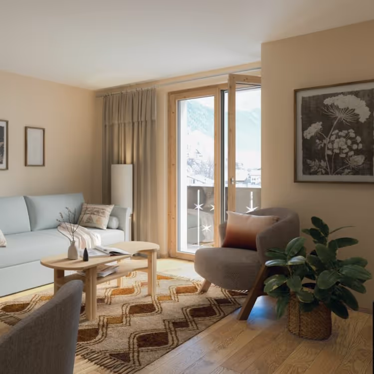 tgesa ROMANA Savognin - Restaurant & apartments: Cozy living room with balcony