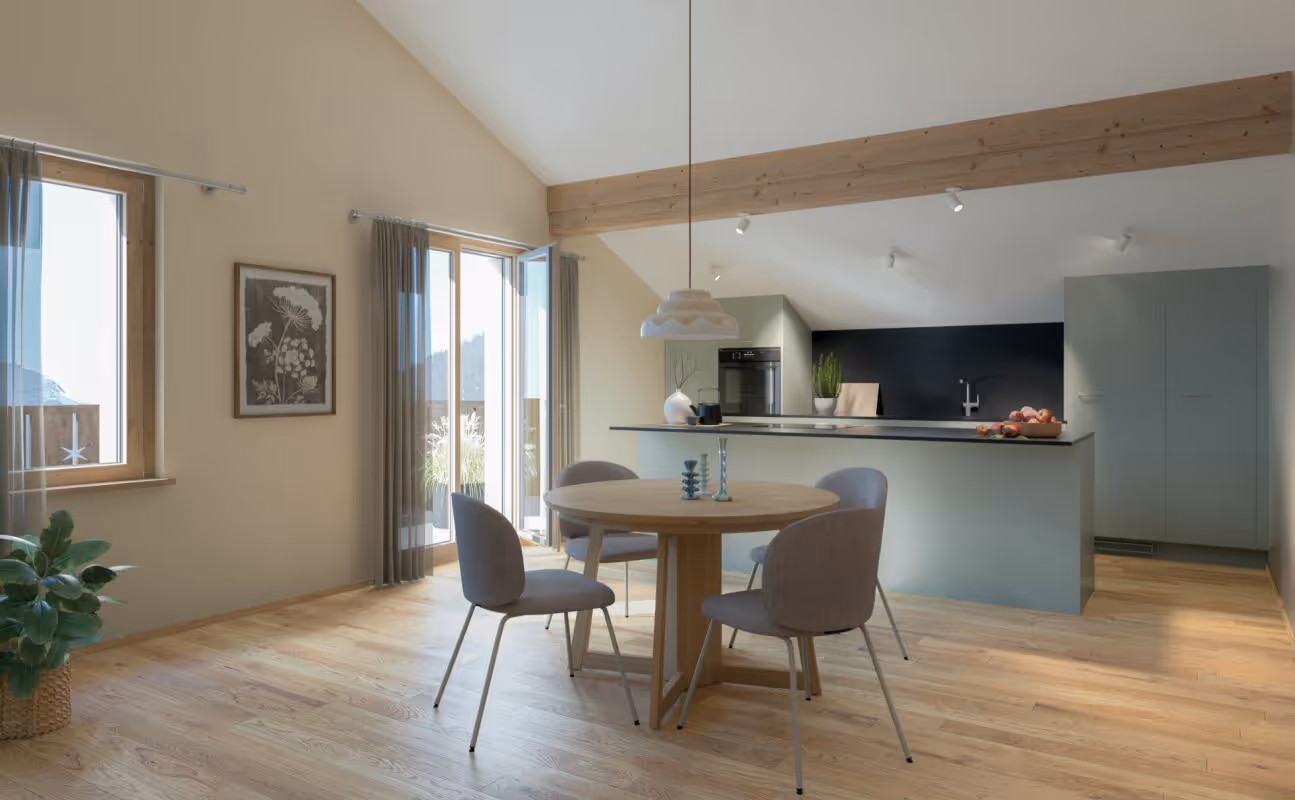 tgesa ROMANA Savognin - Restaurant & vacation apartments, modern kitchen with wooden floor