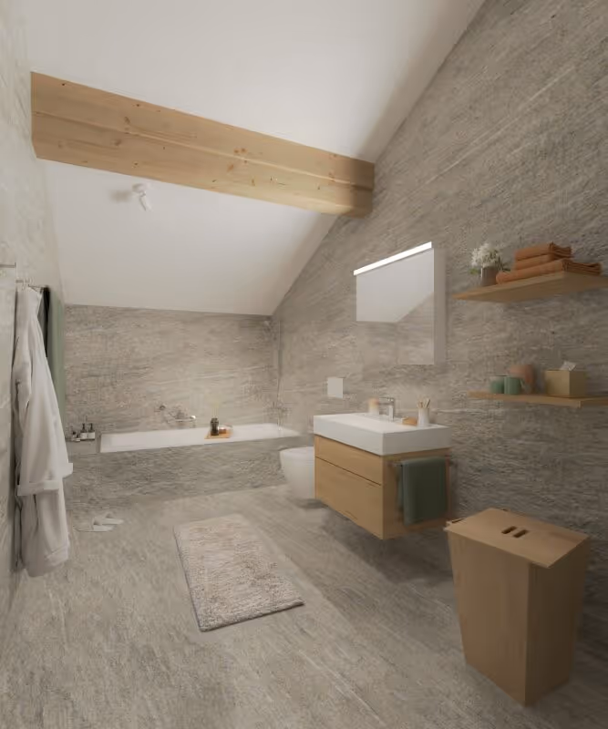 tgesa ROMANA Savognin - Restaurant & vacation apartments modern bathroom with natural stone