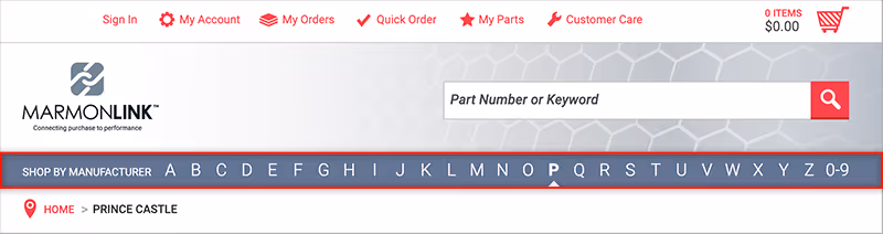 Screenshot of Marmon Link Website showing how to browse equipment by manufacturer.