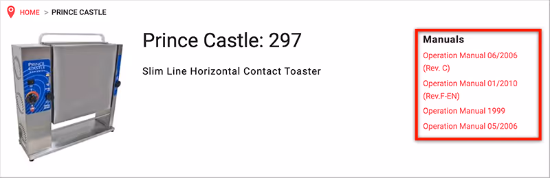 Screenshot of Marmon Link website showing where manuals are located after you find the correct model number.