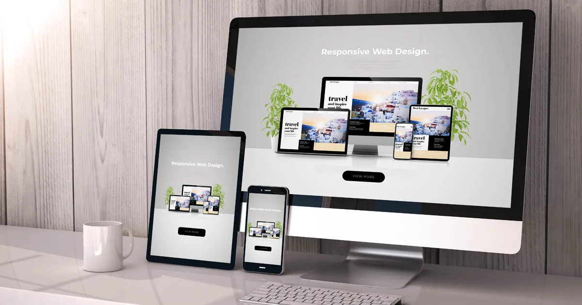 Computer monitor, tablet and smartphone on a desk showing responsive web design