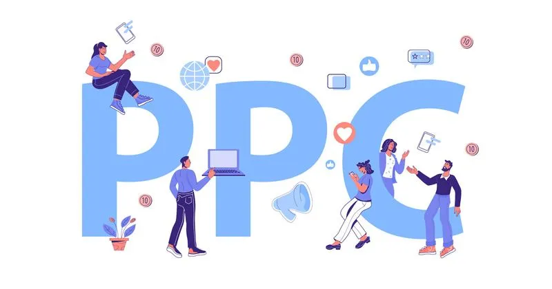 Illustration of the letters PPC (Pay-Per-Click) along with people around the letters.