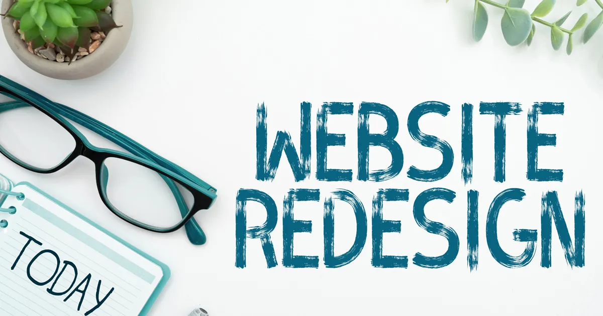 Illustration of a plant, eyeglasses and the words "WEBSITE REDESIGN"