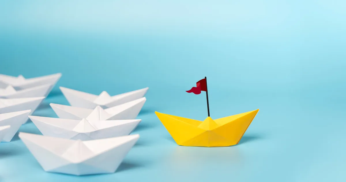 Illustration of a yellow boat with red flag leading a pack of white boats