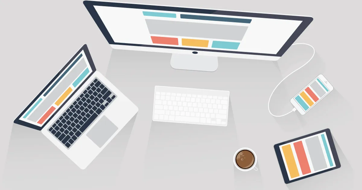 Illustration of desktop computer, notebook computer, smartphone and a tablet