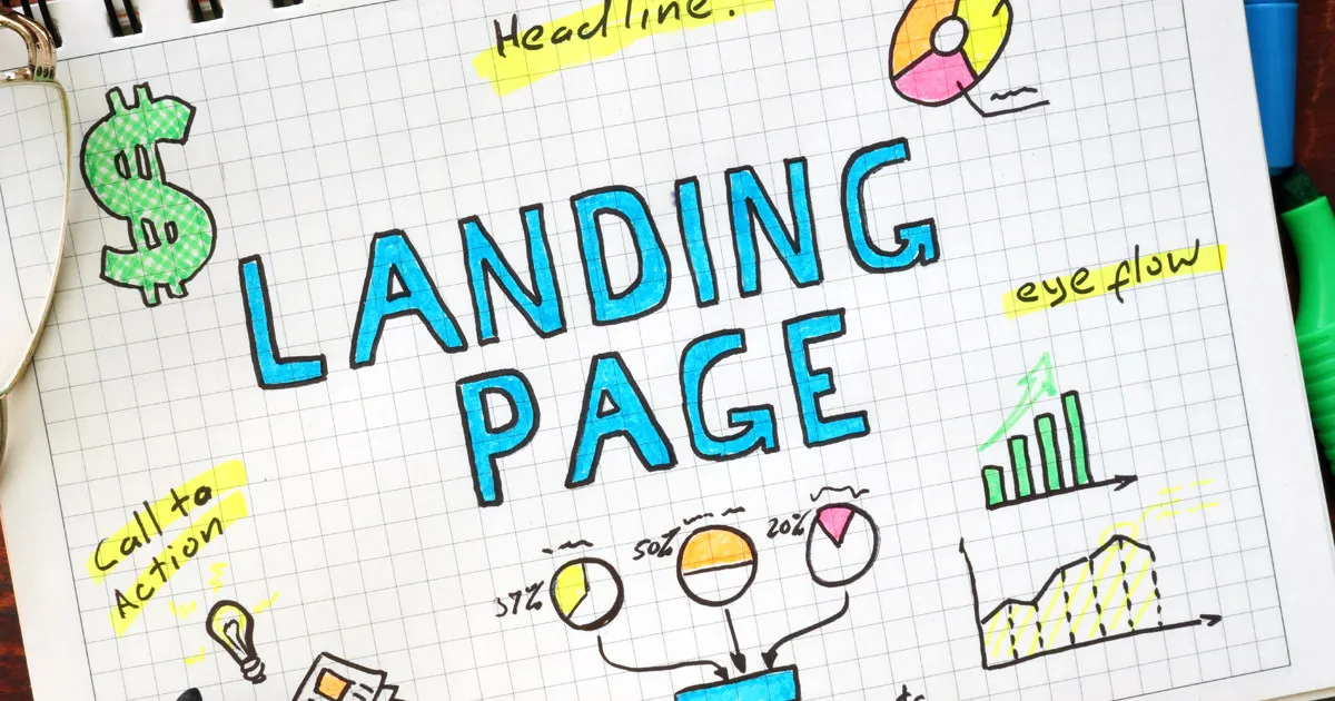 Illustration of miscellaneous icons with the text LANDING PAGE