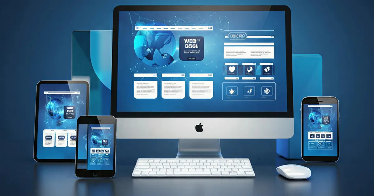 Illustration of a desktop computer, tablet & smartphone devices