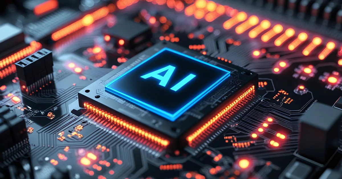 3D illustration of glowing blue "AI" text on a computer chip, dark background with circuit board texture.