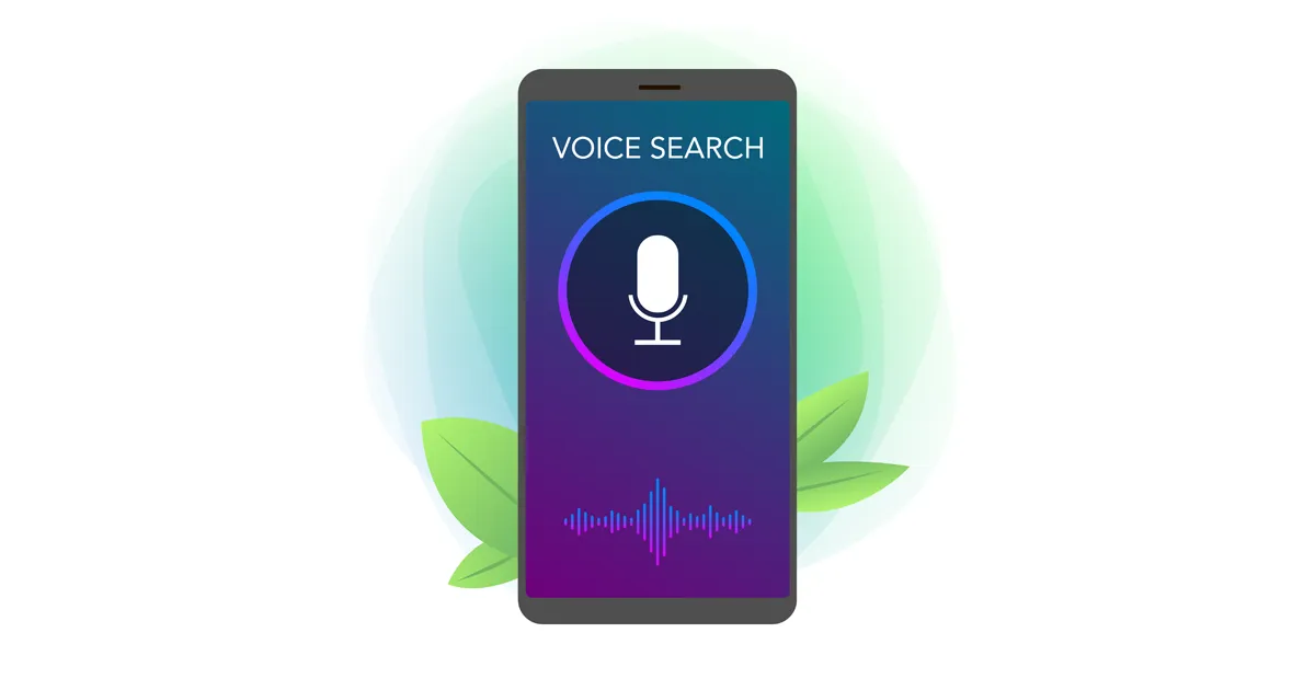 Voice search technology. Sound recognition, speech detect and deep learning concept. Application with microphone and wave icon on mobile phone screen isolated on white background.