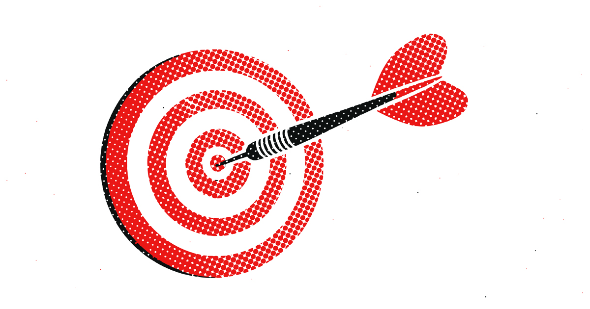 Target board with a dart stuck precisely in the center bullseye using halftone dot style.