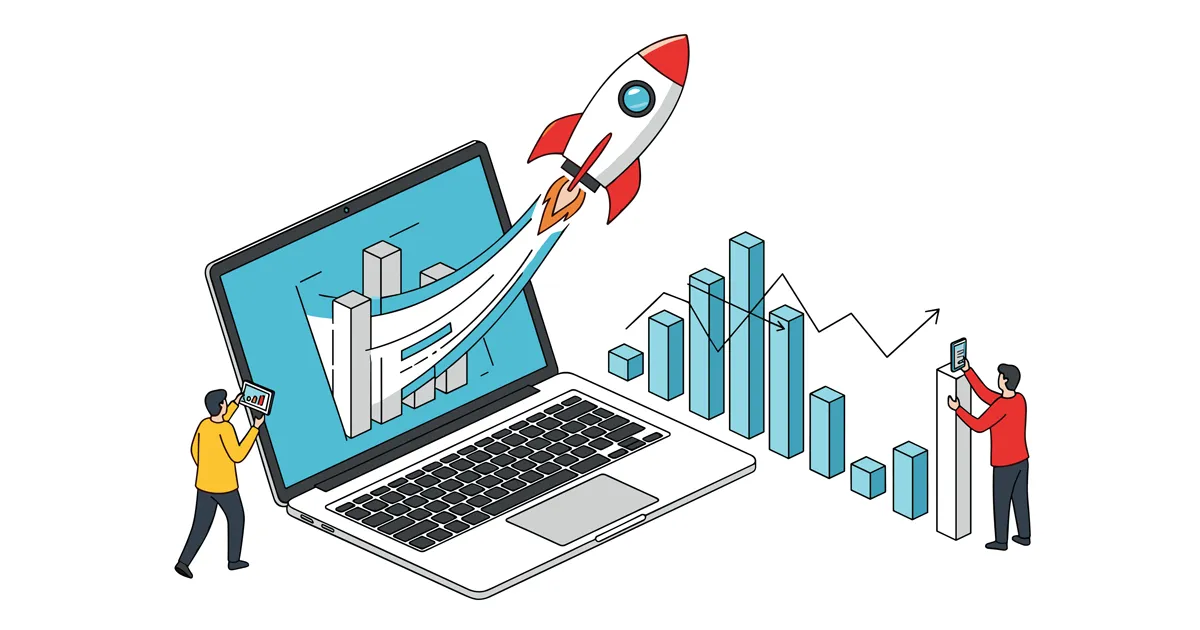 Illustration of a computer notebook with a rocketship and bar graph.