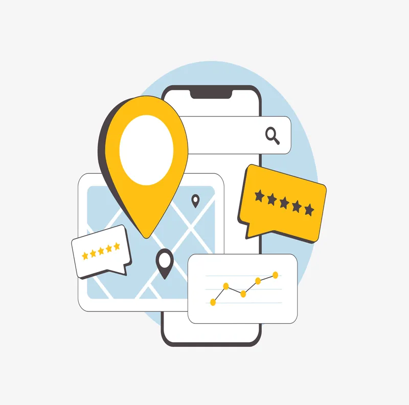 Local SEO for small businesses, featuring maps with huge pins, star seo ratings and customer reviews to boost visibility. Local SEO for attracting nearby customers and enhancing local search rankings.