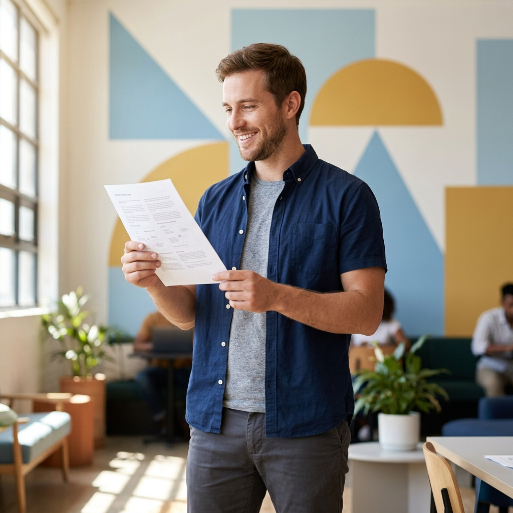 A casually dressed businessman smiling and holding a document.