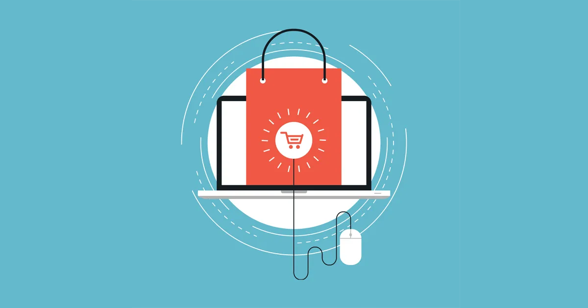 Illustration of a shopping bag in front of a computer notebook.