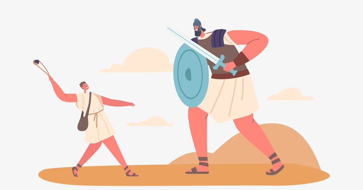 Biblical Story Of David And Goliath Character who Described In Book Of Samuel As A Philistine Giant Defeated By The Young David In Single Combat. Cartoon Vector Illustration