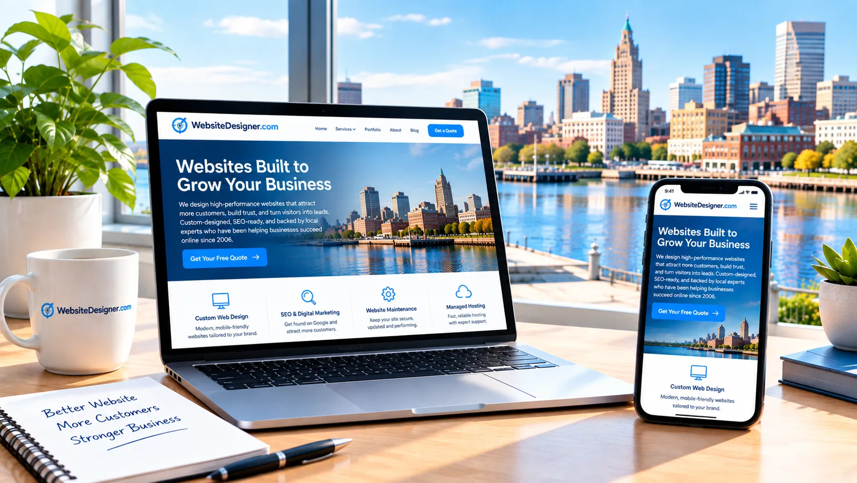 Modern workspace with laptop and smartphone displaying a Rhode Island web design website overlooking the Providence waterfront skyline