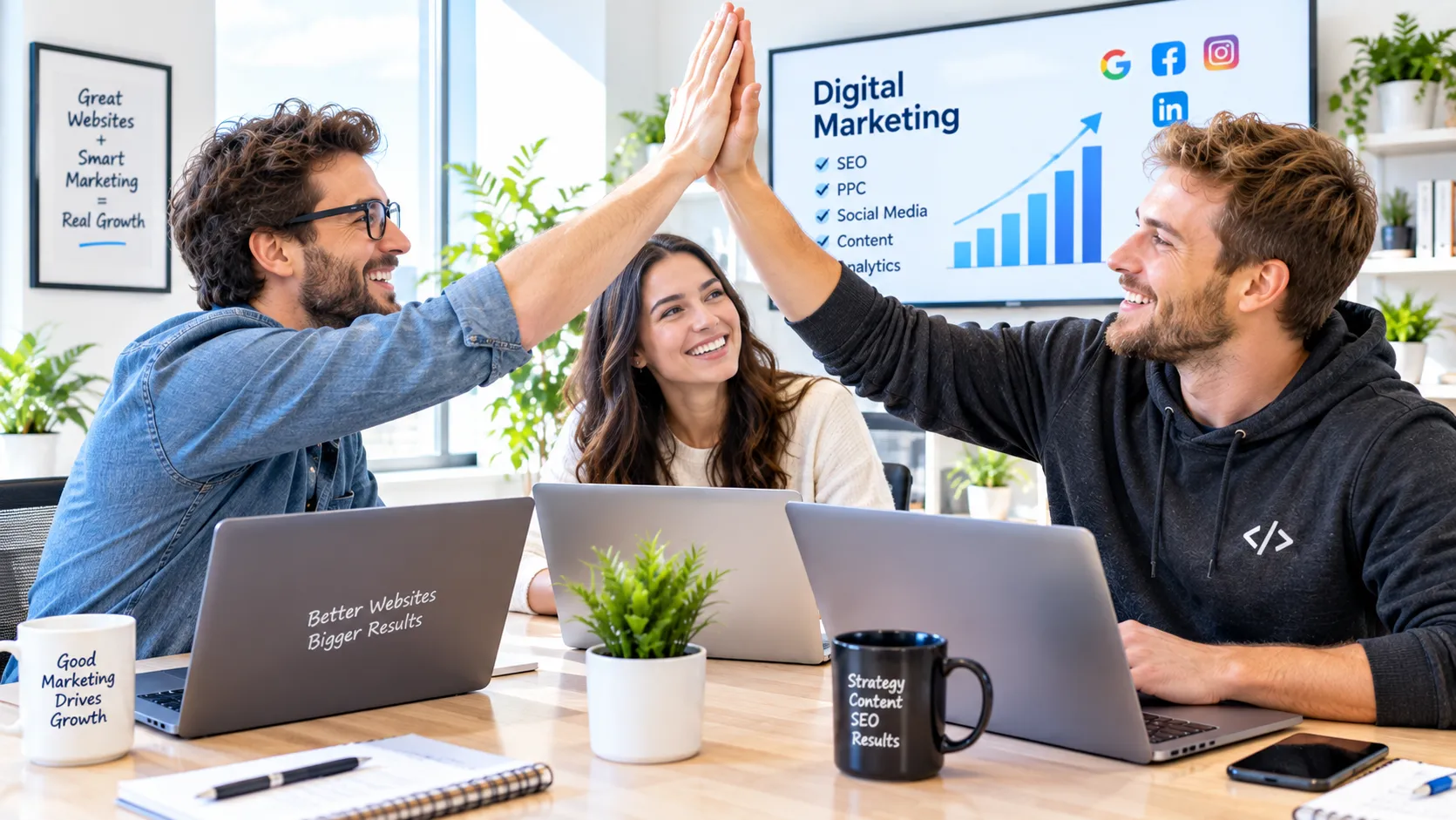 Two web developers and a woman celebrating with a high five in a bright modern office during a digital marketing meeting