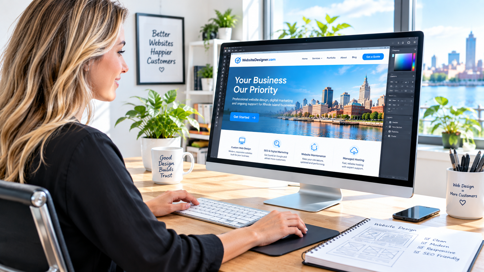Female web designer working at a computer in a bright modern office while designing a Rhode Island business website.