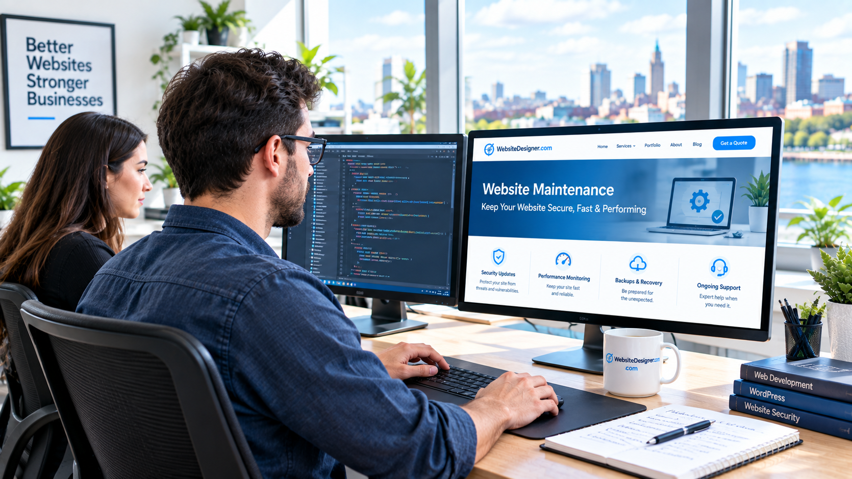 Two web developers working at computer workstations in a bright modern office on website maintenance and security