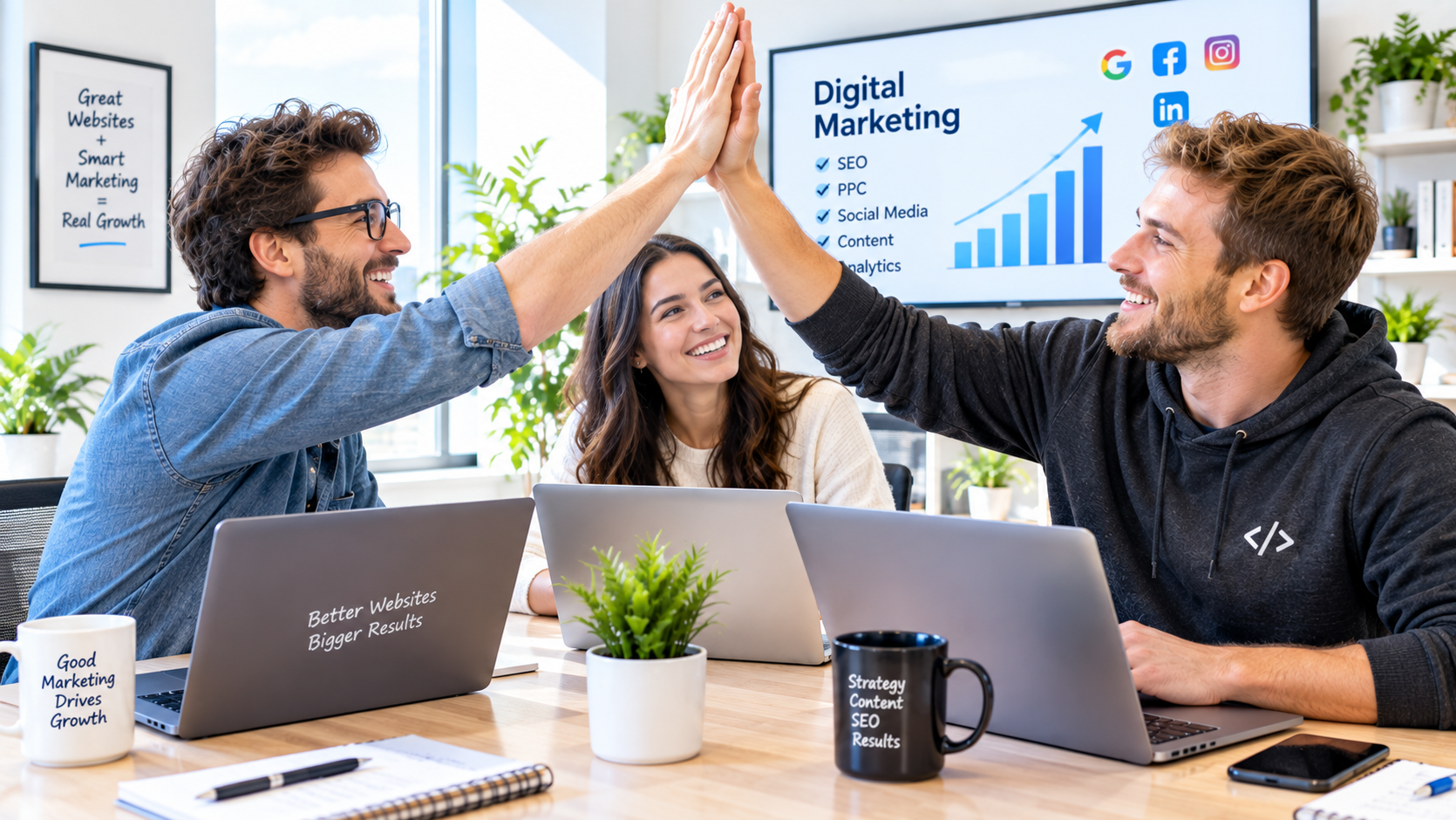 Two web developers and a woman celebrating with a high five in a bright modern office during a digital marketing meeting.