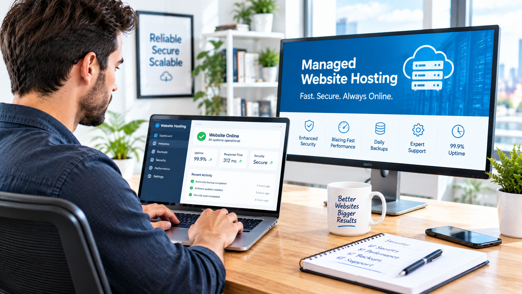 Web developer working at a computer in a bright modern office with a managed website hosting dashboard.